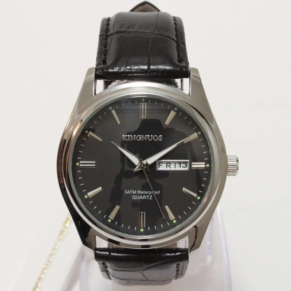 Men's Contemporary Dress Watch Silver Case Black Leather Watch Strap 40mm